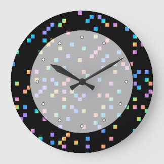Reloj Redondo Grande Cuadrados multicolores en negro.