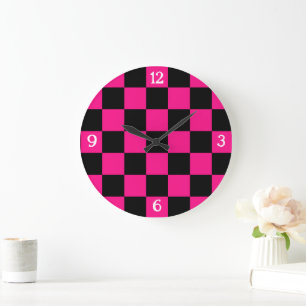 Reloj Redondo Grande Cuadrados rosa caliente negro geométrico retro con