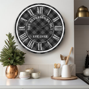Reloj Redondo Grande Cuadro de Búfalo Gris y Negro Numeral Romano Rústi