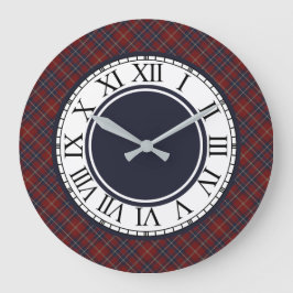 Reloj Redondo Grande Cuadro Escocés Rojo Oscuro Rústico y Azul Marino