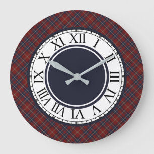 Reloj Redondo Grande Cuadro Escocés Rojo Oscuro Rústico y Azul Marino