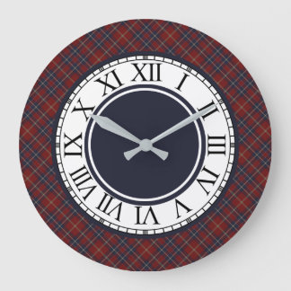 Reloj Redondo Grande Cuadro Escocés Rojo Oscuro Rústico y Azul Marino