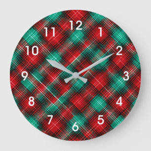 Reloj Redondo Grande Cuadros festivos rojos y verdes