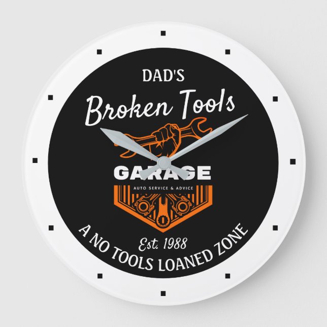 Reloj Redondo Grande Cualquier nombre Funny Broken Tools Garage Date Bl (Anverso)