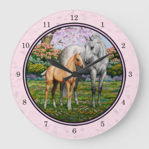 Reloj Redondo Grande Cuarteto de yegua de caballo y rosa de los pies