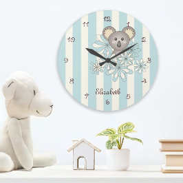 Reloj Redondo Grande Cuarto de niños de koala lindo con franjas azules 