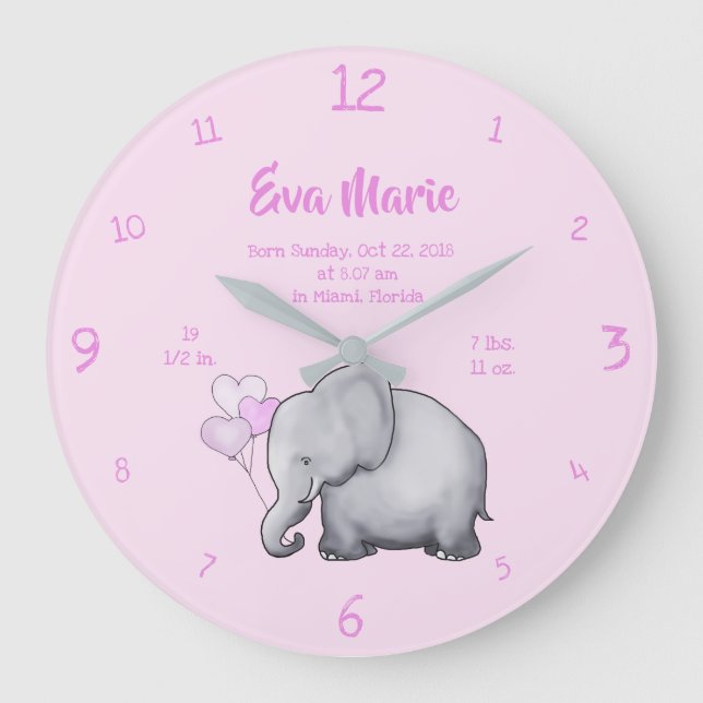 Reloj Redondo Grande Cuarto de niños del elefante del Stats del (Anverso)