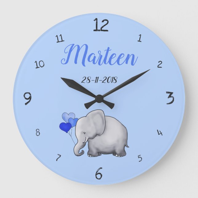 Reloj Redondo Grande Cuarto de niños lindo personalizado del elefante (Anverso)