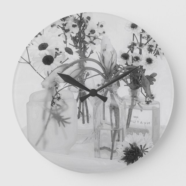 Reloj Redondo Grande Cuatro Botellas Y Flores Blancas (Anverso)
