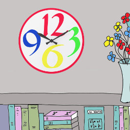 Reloj Redondo Grande Cuatro grandes números de colores, borde rojo