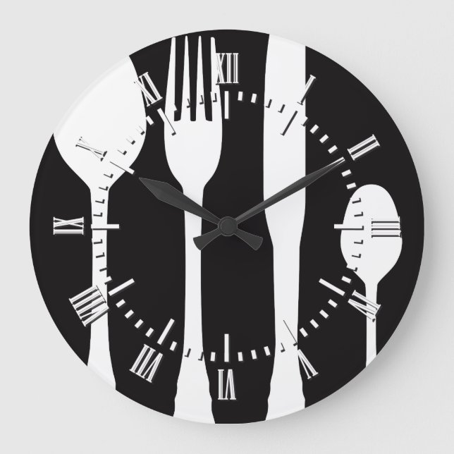 Reloj Redondo Grande Cubertería blanca en el café negro Restaurante pas (Anverso)