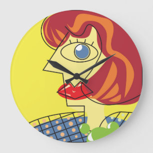 Reloj Redondo Grande Cubismo colorido: arte retrato femenino.
