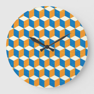 Reloj Redondo Grande Cubos isométricos retro, ilusión geométrica