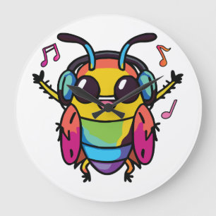 Reloj Redondo Grande Cucaracha feliz con auriculares escuchando música