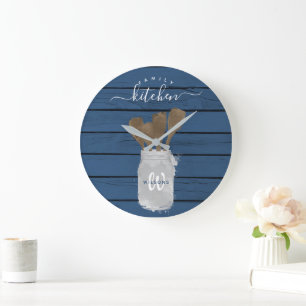 Reloj Redondo Grande Cuchara de tarro de madera azul rústica decoración