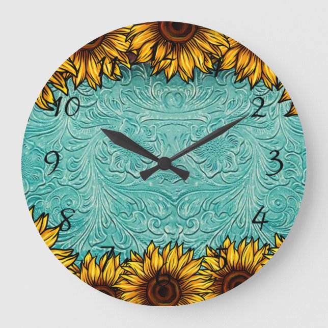 Reloj Redondo Grande Cuero turquesa con girasoles brillantes y soleados (Anverso)