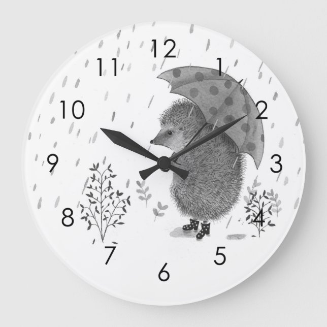 Reloj Redondo Grande Cuidada acuarela Hedgehog Rainy Day Whimsical   (Anverso)