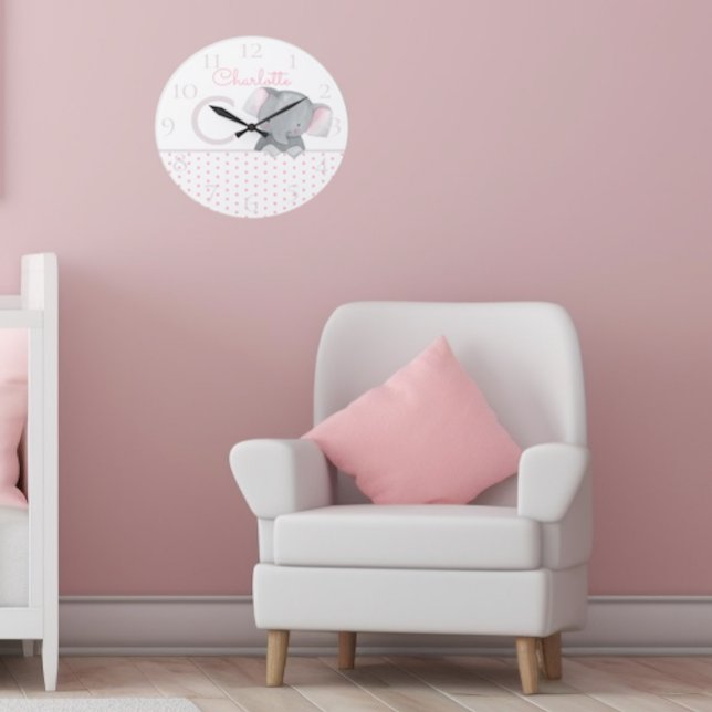 Reloj Redondo Grande Cuidada acuarela Pink Polka Dot Elephant Girly (Subido por el creador)
