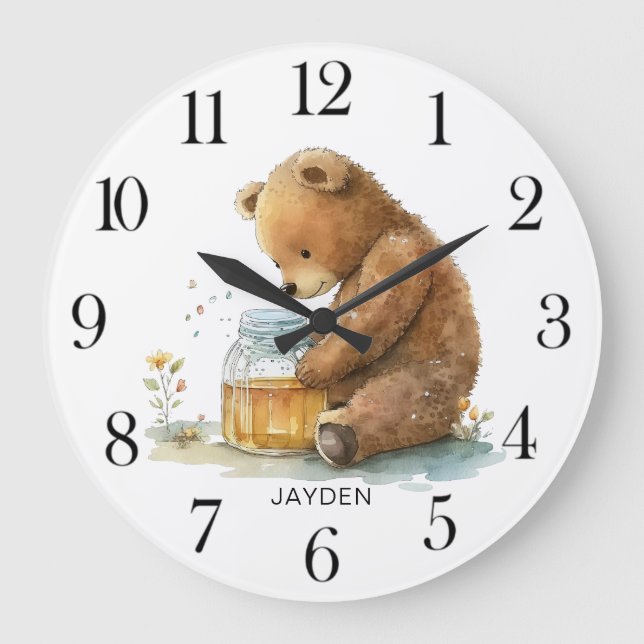 Reloj Redondo Grande Cuidada acuarela Teddy Bear Miel Pot Personalizado (Anverso)