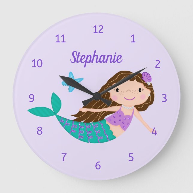 Reloj Redondo Grande Cuidada Sirena Whimsical Purple Personalizada (Anverso)