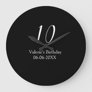 Reloj Redondo Grande cumpleaños 10 nombre blanco negro caligrafía 