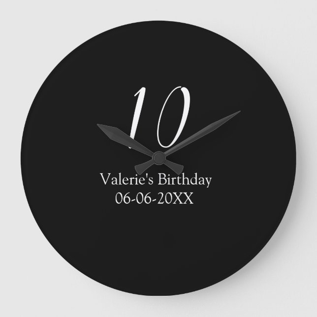 Reloj Redondo Grande cumpleaños 10 nombre blanco negro caligrafía  (Anverso)