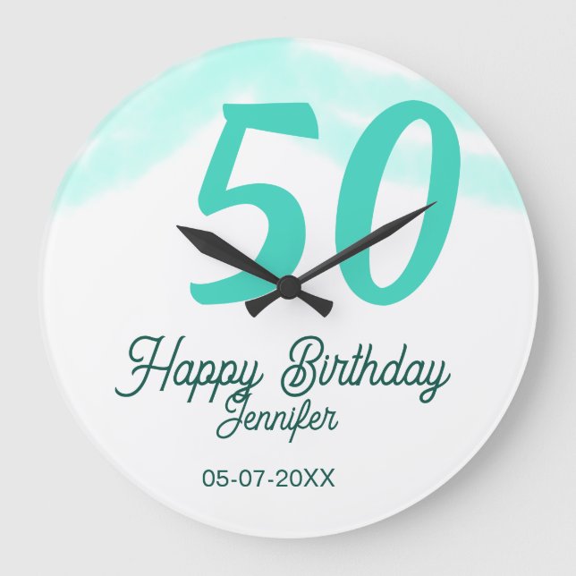 Reloj Redondo Grande cumpleaños 50 agregar nombre fecha año verde paste (Anverso)