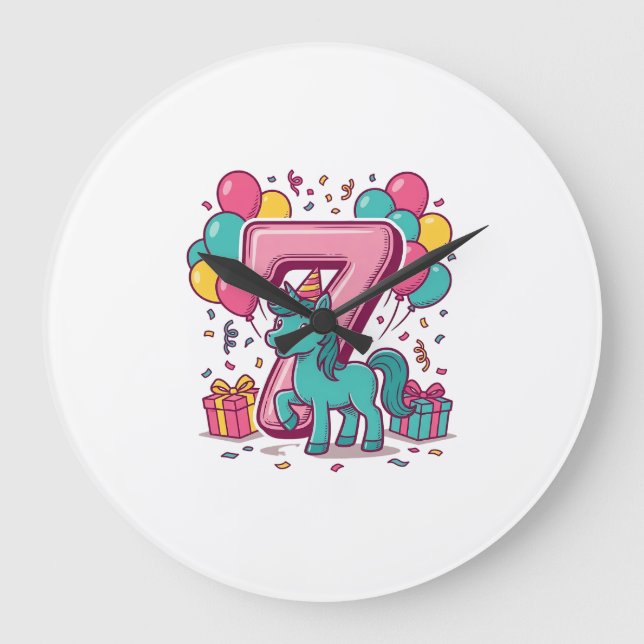 Reloj Redondo Grande Cumpleaños 7 del caballo Diseño de vector de pony  (Anverso)