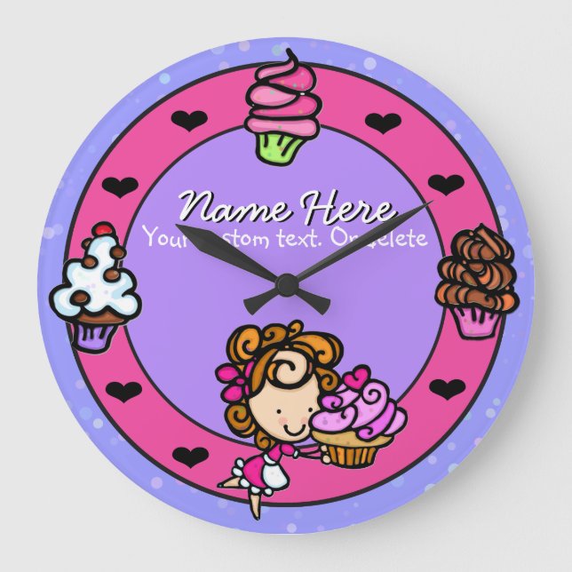 Reloj Redondo Grande Cupcake.Baker.Baking.Pink.Personalized. (Anverso)