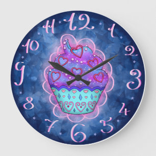 Reloj Redondo Grande Cupcake mono azules, rosa con cariño rosa/