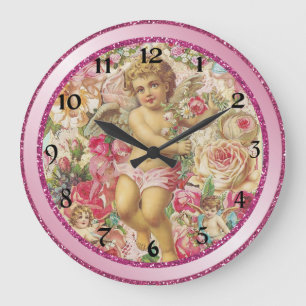 Reloj Redondo Grande Cupido victoriano y floral Rosa