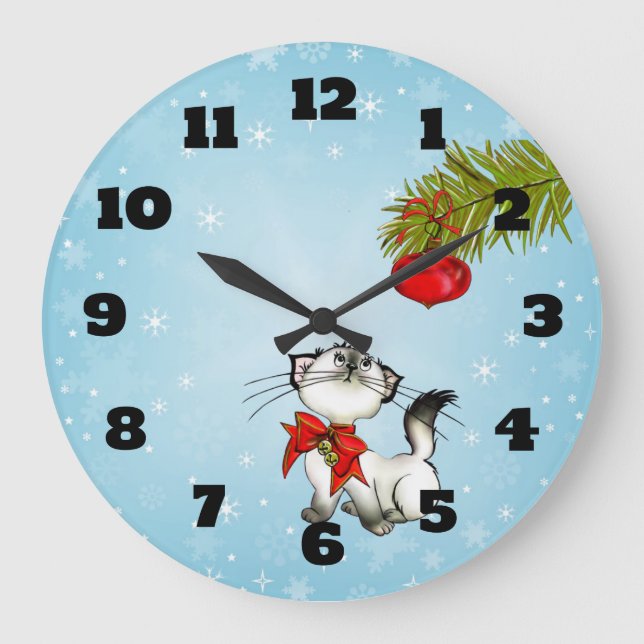Reloj Redondo Grande Curious Kitty Cat In A Red Christmas Bow (Anverso)