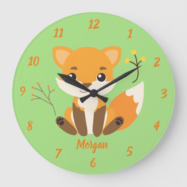 Reloj Redondo Grande Curte Fox Woodland Nursery Verde y Naranja (Anverso)