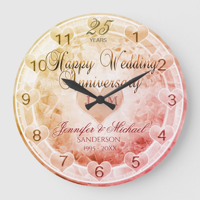 Reloj Redondo Grande Custom Any Year Wedding Anniversary Hearts (Anverso)
