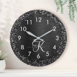 Reloj Redondo Grande Custom Black Glitter Sparkle Monogram<br><div class="desc">Easily personalize this trendy elegant clock design featuring pretty black sparkling glitter on a black brushed metallic background.</div>