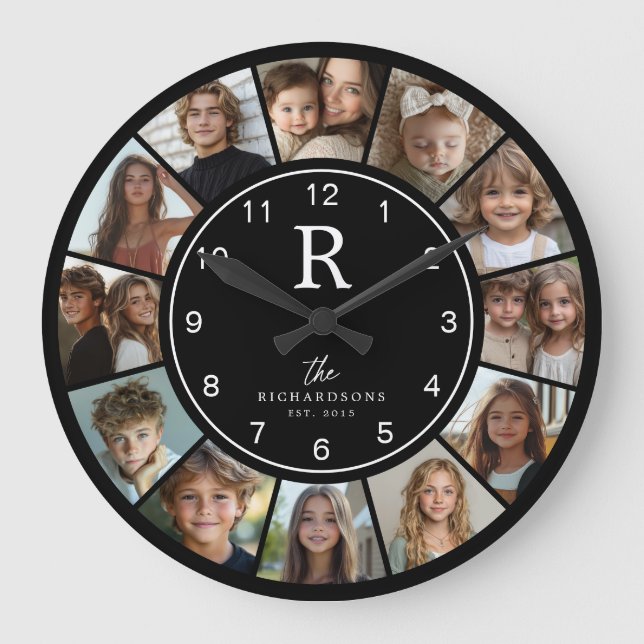 Reloj Redondo Grande Custom Family Monogram Name Year 12 Photo Collage (Anverso)