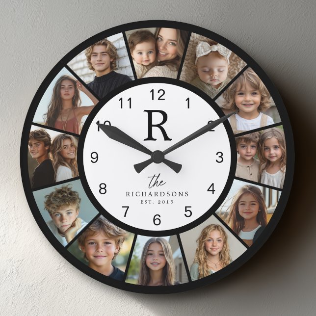 Reloj Redondo Grande Custom Family Monogram Name Year 12 Photo Collage (Subido por el creador)