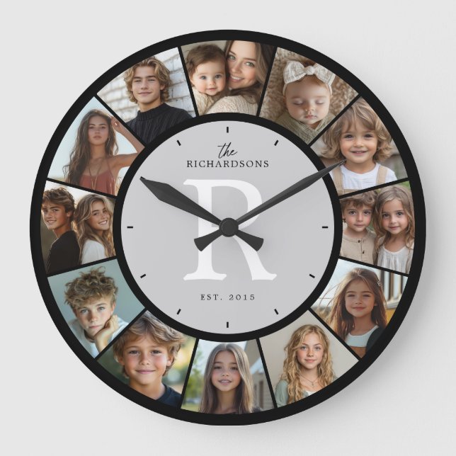 Reloj Redondo Grande Custom Family Monogram Name Year 12 Photo Collage (Anverso)