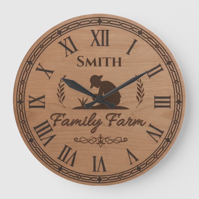 Reloj Redondo Grande Custom Family Name Clock – Farmer Planting Scene (Anverso)