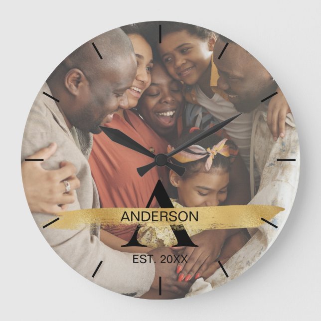 Reloj Redondo Grande Custom Family Photo Gold Monogram Name Personalize (Anverso)