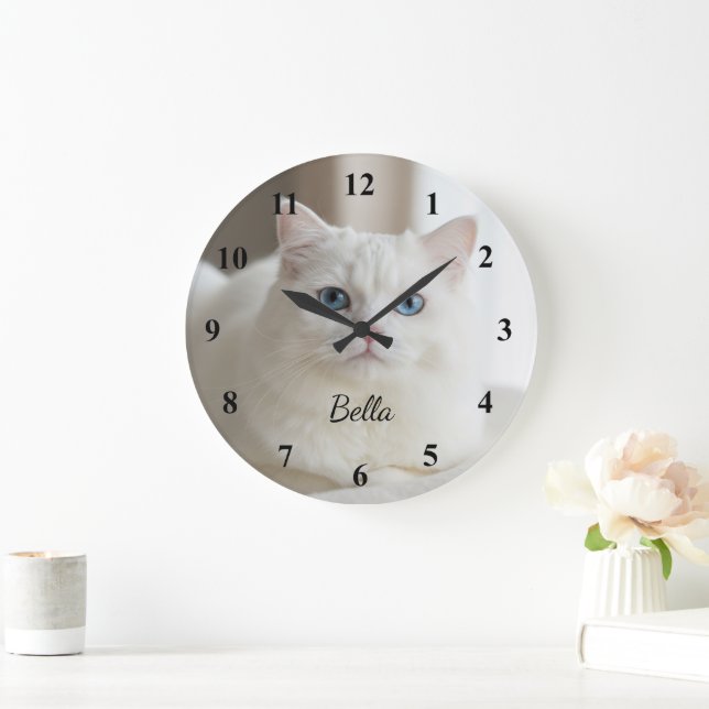 Reloj Redondo Grande Custom photo wall clock with beautiful white cat (Hogar)