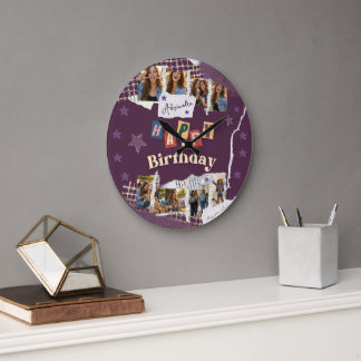 Reloj Redondo Grande Custom Purple Scrapbook Birthday Photo Collage