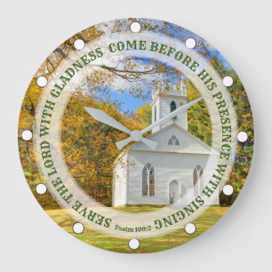 Reloj Redondo Grande Custom Text New England Church in the Fall