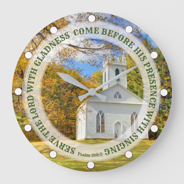 Reloj Redondo Grande Custom Text New England Church in the Fall (Anverso)