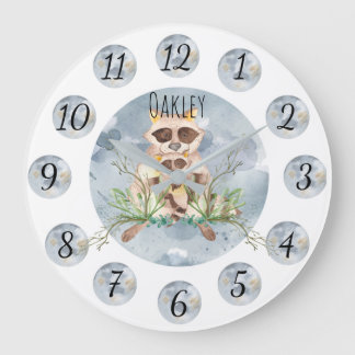 Reloj Redondo Grande Customizable Blue Raccoon Nursery Clock Large