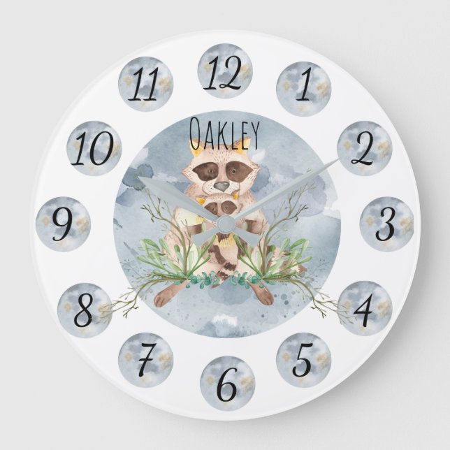 Reloj Redondo Grande Customizable Blue Raccoon Nursery Clock Large (Anverso)