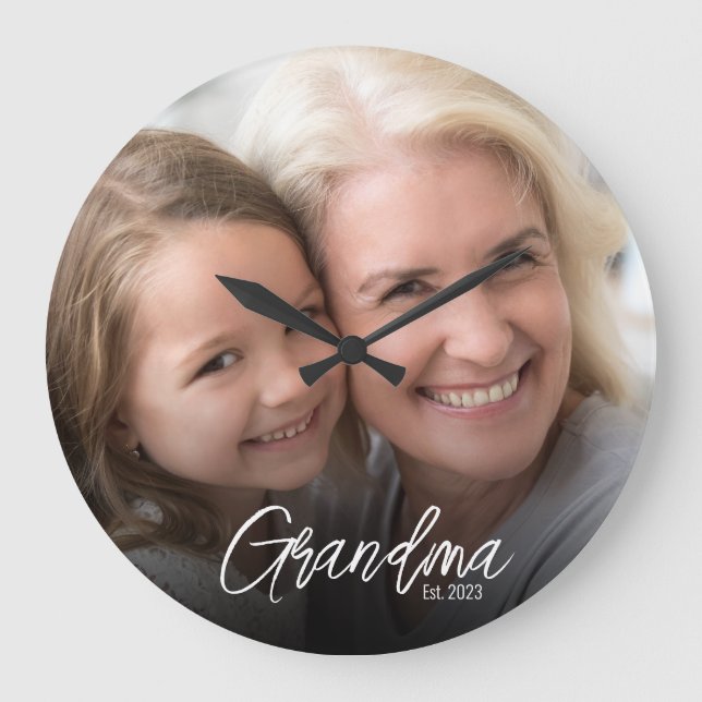 Reloj Redondo Grande Customizable Grandma Established Year Photo (Anverso)