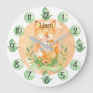 Reloj Redondo Grande Customizable Leaf Baby Fox Nursery Clock Large