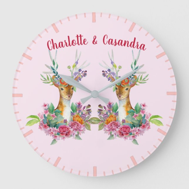 Reloj Redondo Grande Customize Twins Floral Baby Deer Baby Nursery (Anverso)
