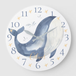 Reloj Redondo Grande Cuta color de agua personalizado ballena azul náut
